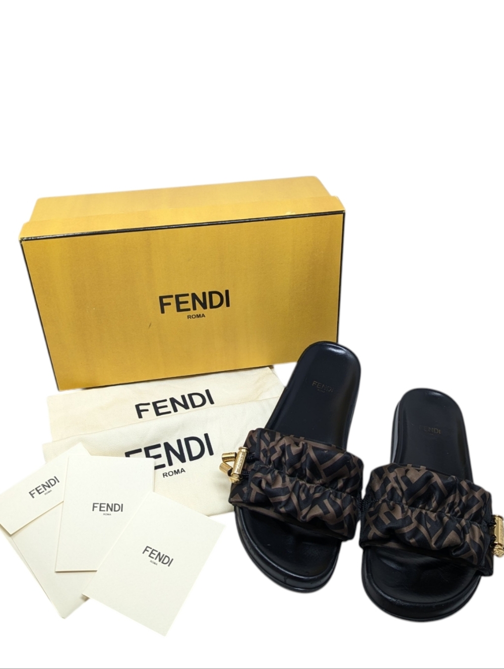 Fendi FF Monogram Black Brown Ruched Slide Sandals with Gold Hardware Size EU 38